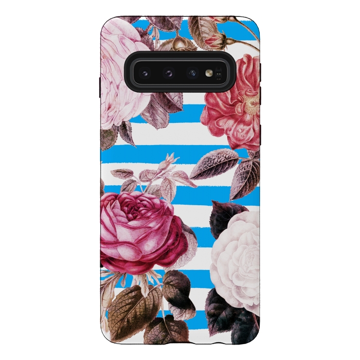 Galaxy S10 StrongFit Vintage roses illustration on blue and white stripes by Oana 