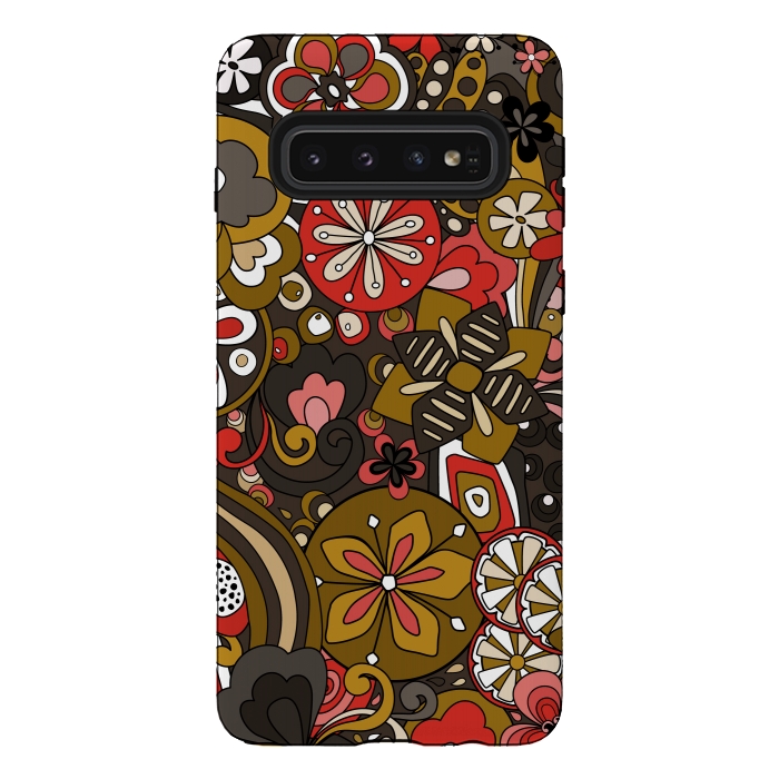 Galaxy S10 StrongFit Retro Moody Florals in Red, Mustard and Brown by Paula Ohreen