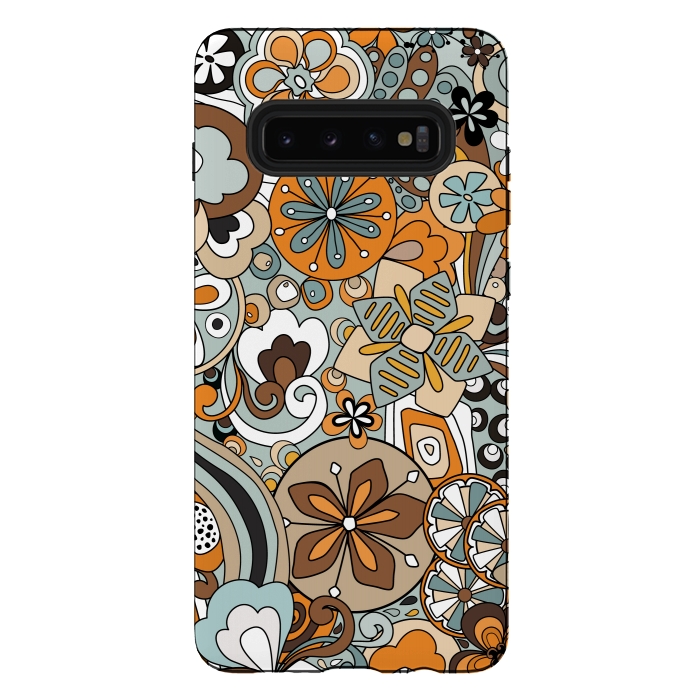 Galaxy S10 plus StrongFit Retro Moody Florals in Blue and Orange by Paula Ohreen