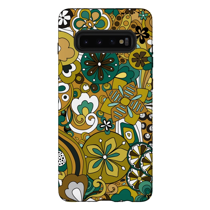 Galaxy S10 plus StrongFit Retro Moody Florals in Green and Mustard by Paula Ohreen