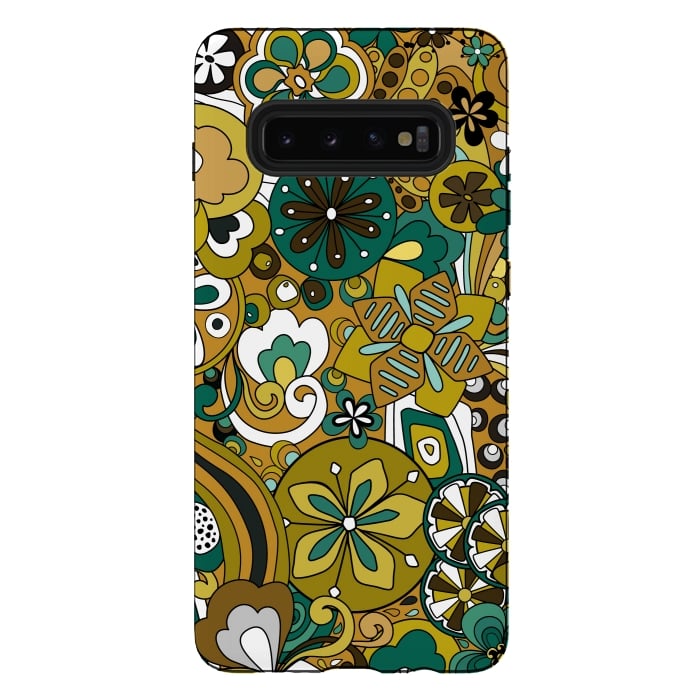 Galaxy S10 plus StrongFit Retro Moody Florals in Green and Mustard by Paula Ohreen