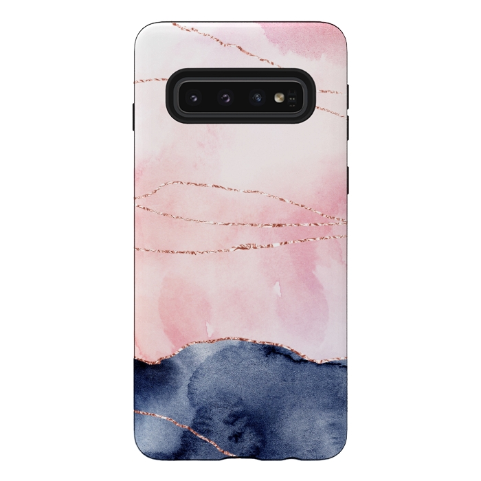 Galaxy S10 StrongFit Blush Watercolor and Purple Ink Texture with Gold Veins by DaDo ART