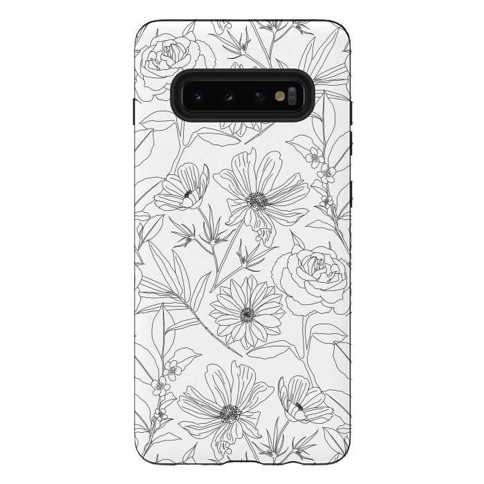 Galaxy S10 plus StrongFit stylish garden flowers black outlines design by InovArts