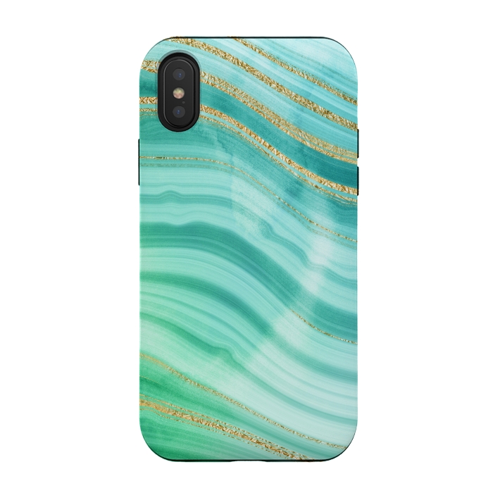 iPhone Xs / X StrongFit Teal Turquoise and Gold Foil Marble Waves by DaDo ART