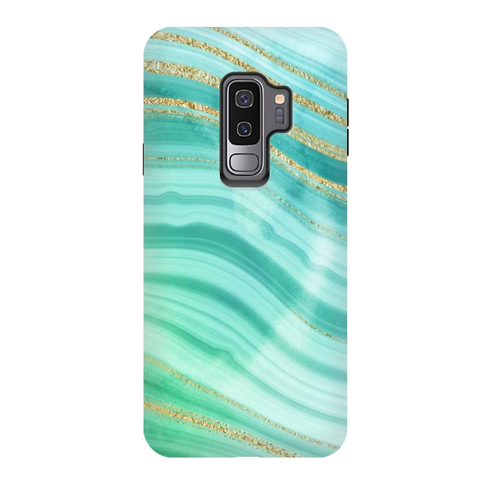 Galaxy S9 plus StrongFit Teal Turquoise and Gold Foil Marble Waves by DaDo ART
