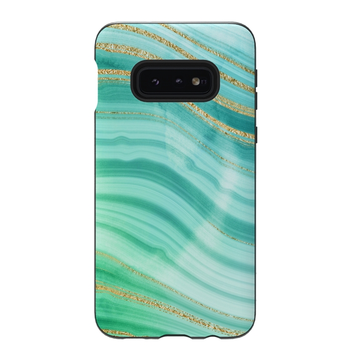 Galaxy S10e StrongFit Teal Turquoise and Gold Foil Marble Waves by DaDo ART