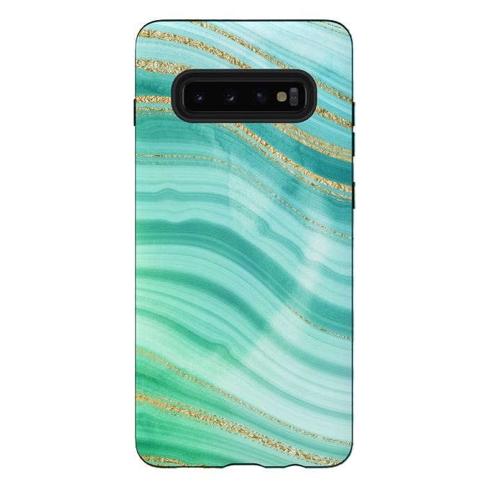 Galaxy S10 plus StrongFit Teal Turquoise and Gold Foil Marble Waves by DaDo ART