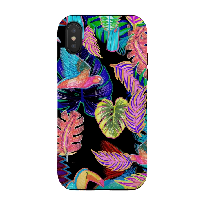 iPhone Xs / X StrongFit Colorful sketched tropical birds and leaves by Oana 