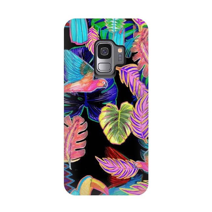 Galaxy S9 StrongFit Colorful sketched tropical birds and leaves by Oana 