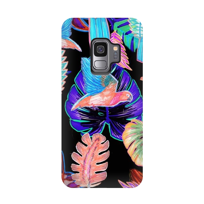 Galaxy S9 StrongFit Colorful parrot and tropical leaves by Oana 