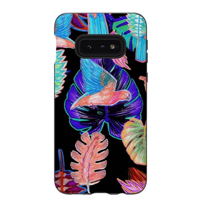 Galaxy S10e StrongFit Colorful parrot and tropical leaves by Oana 