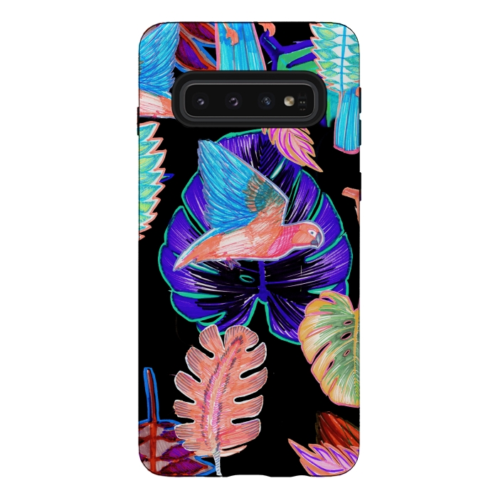 Galaxy S10 StrongFit Colorful parrot and tropical leaves by Oana 