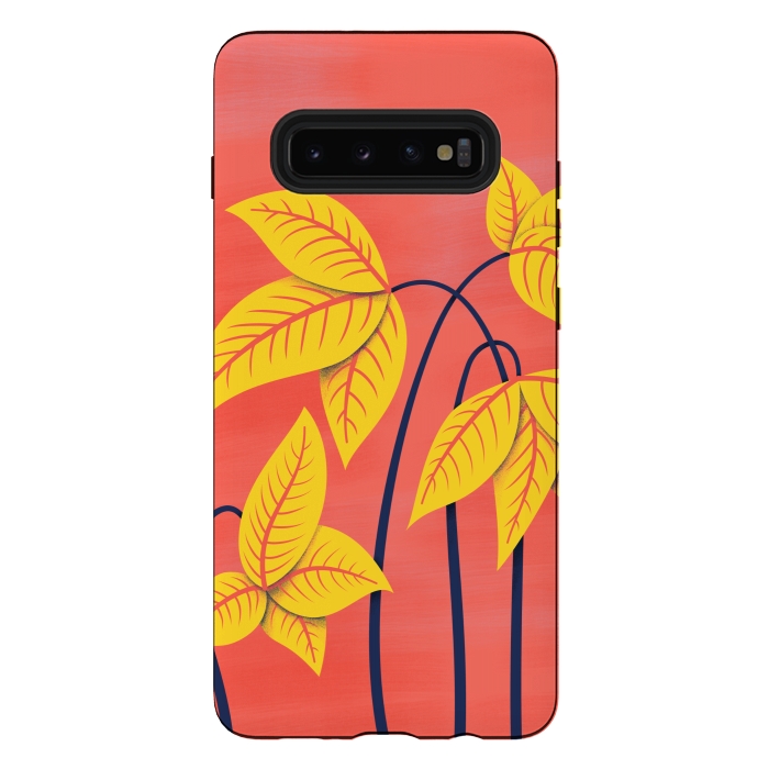 Galaxy S10 plus StrongFit Abstract Flowers Geometric Art In Vibrant Coral And Yellow  by Boriana Giormova