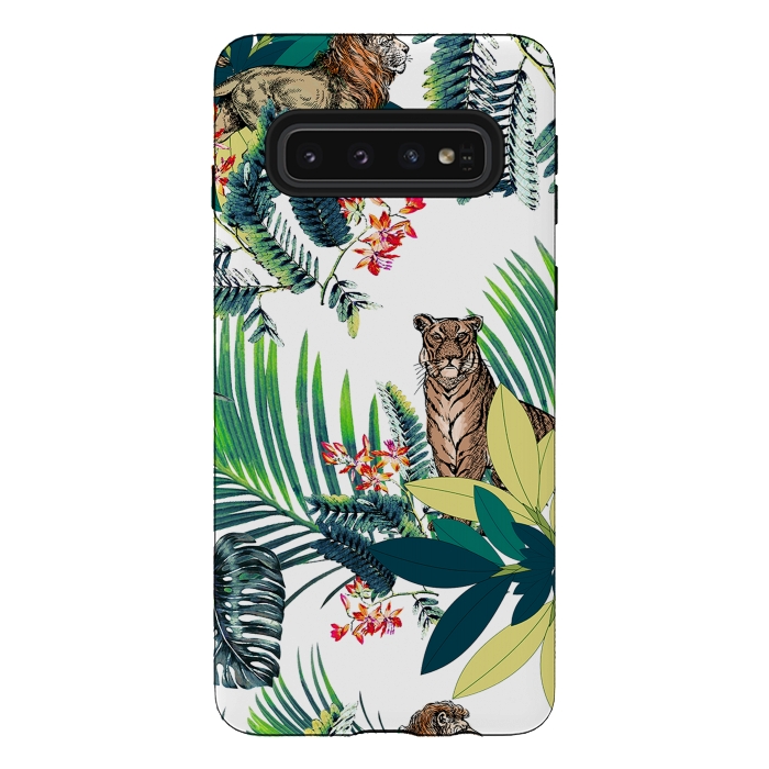 Galaxy S10 StrongFit Tiger and tropical jungle leaves and flowers by Oana 