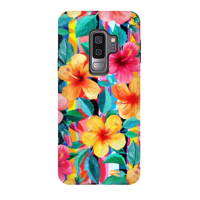 Galaxy S9 plus StrongFit OTT Maximalist Hawaiian Hibiscus Floral with Stripes by Micklyn Le Feuvre