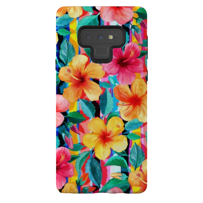 Galaxy Note 9 StrongFit OTT Maximalist Hawaiian Hibiscus Floral with Stripes by Micklyn Le Feuvre