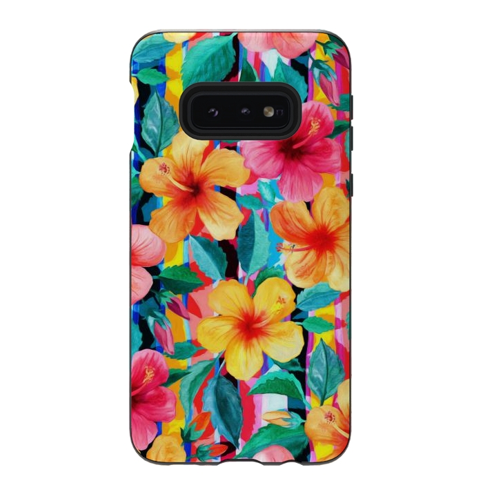 Galaxy S10e StrongFit OTT Maximalist Hawaiian Hibiscus Floral with Stripes by Micklyn Le Feuvre