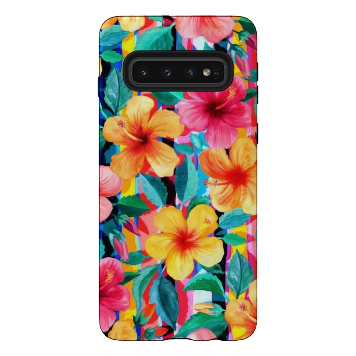 Galaxy S10 StrongFit OTT Maximalist Hawaiian Hibiscus Floral with Stripes by Micklyn Le Feuvre