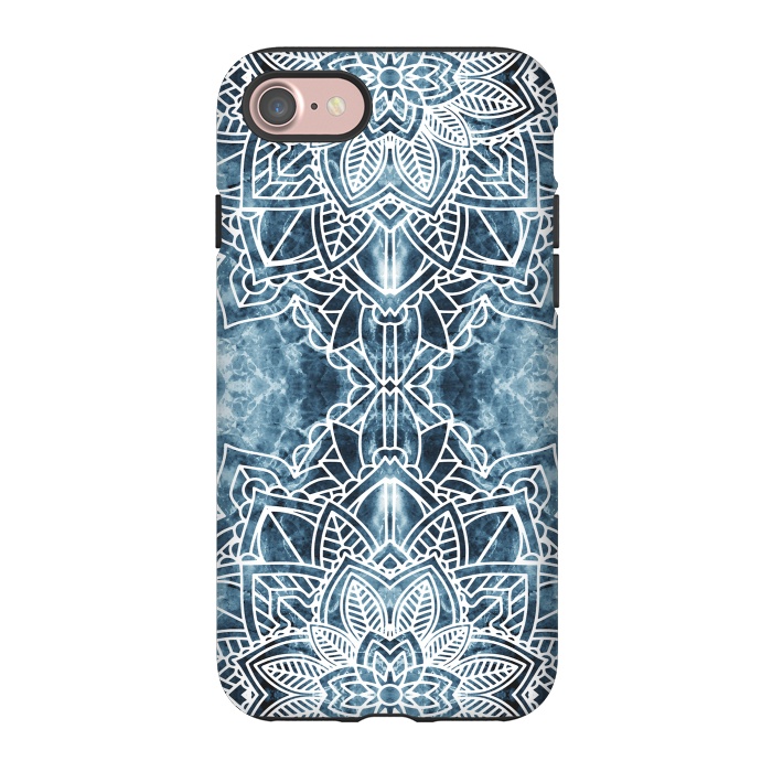 iPhone 7 StrongFit White lace floral mandala on blue marble by Oana 
