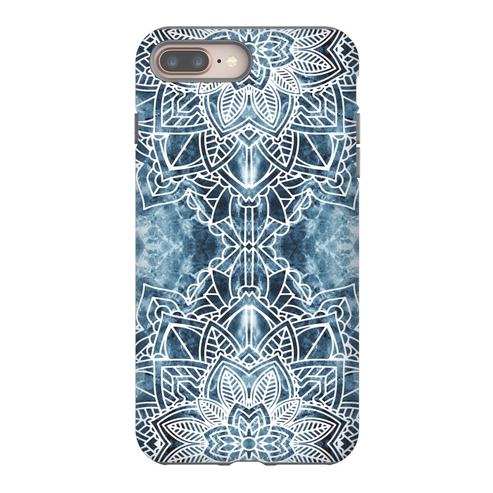 iPhone 7 plus StrongFit White lace floral mandala on blue marble by Oana 