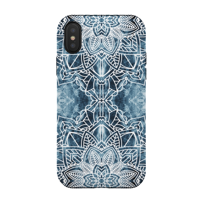 iPhone Xs / X StrongFit White lace floral mandala on blue marble by Oana 