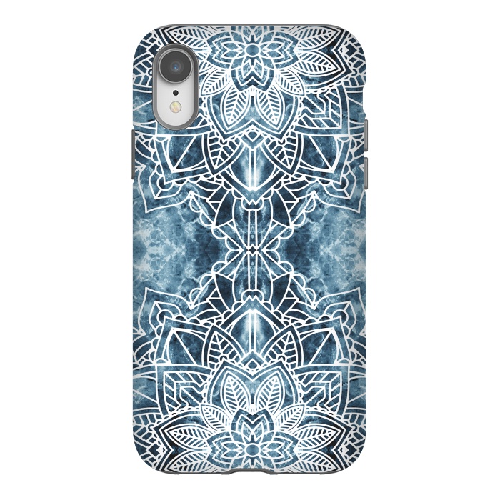 iPhone Xr StrongFit White lace floral mandala on blue marble by Oana 