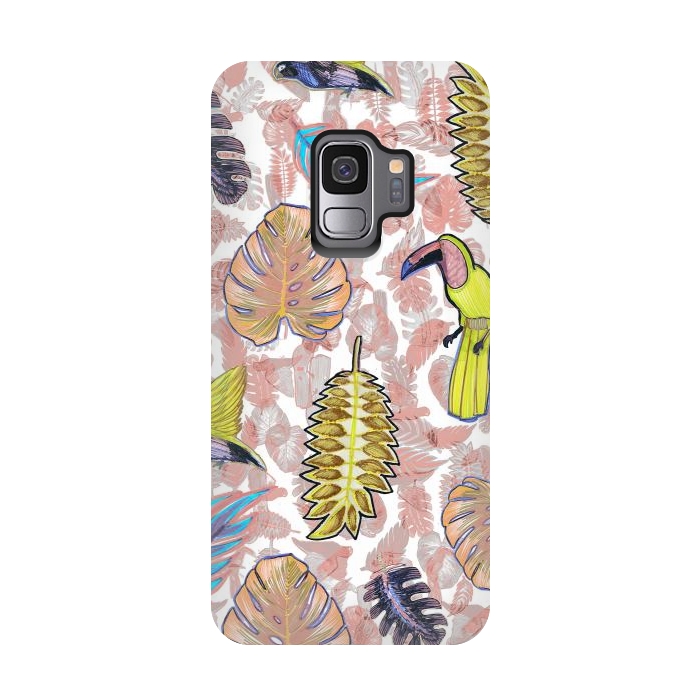Galaxy S9 StrongFit Playful parrots and leaves tropical sketch by Oana 