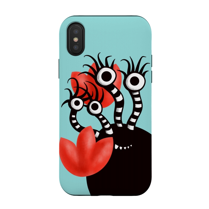 iPhone Xs / X StrongFit Cute Monster With Four Eyes And Abstract Tulips by Boriana Giormova