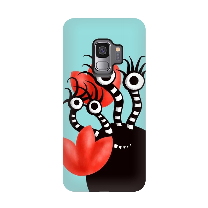 Galaxy S9 StrongFit Cute Monster With Four Eyes And Abstract Tulips by Boriana Giormova