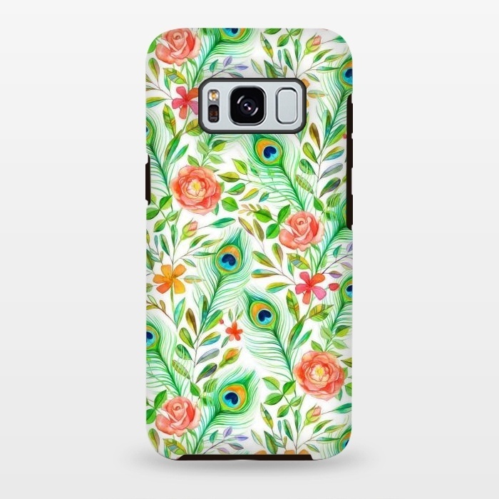 Galaxy S8 plus StrongFit Peacock Feather Posies on White by Micklyn Le Feuvre