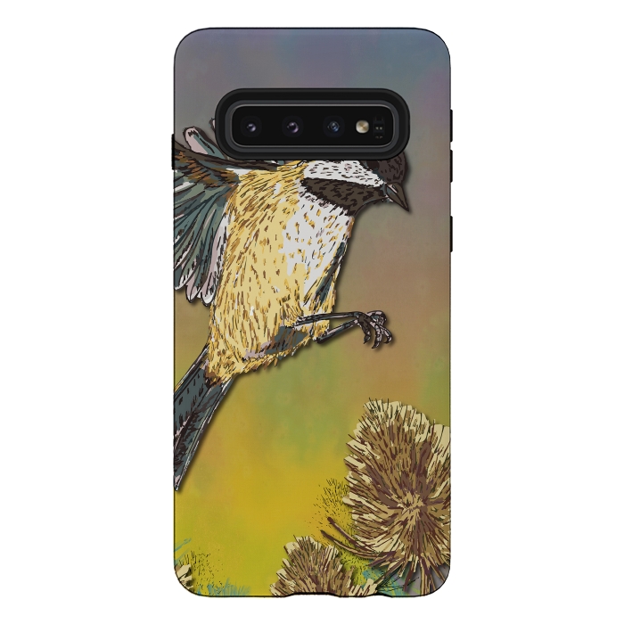 Galaxy S10 StrongFit Coal Tit and Teasels by Lotti Brown
