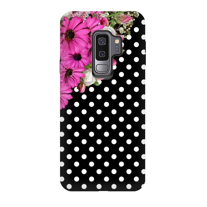 Galaxy S9 plus StrongFit Black and White Polka Dots and Pink Flowers by Alemi