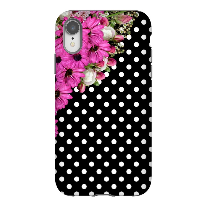 iPhone Xr StrongFit Black and White Polka Dots and Pink Flowers by Alemi