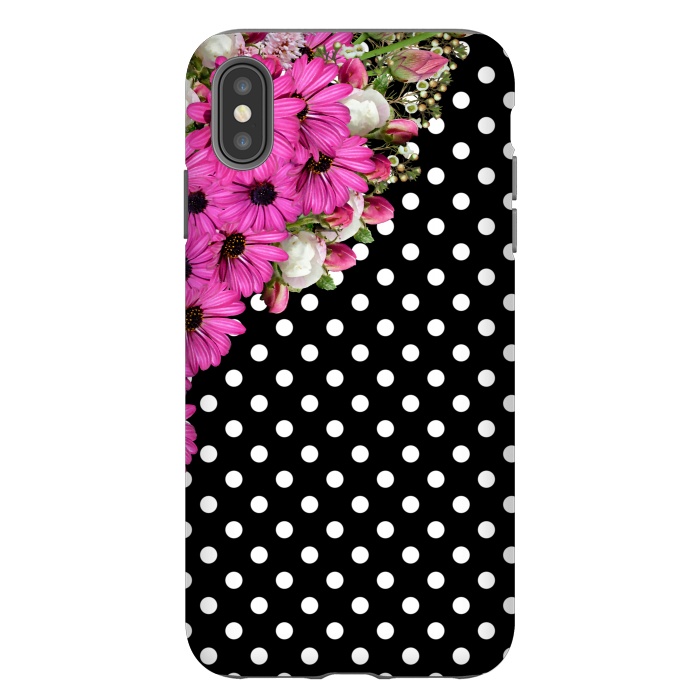 iPhone Xs Max StrongFit Black and White Polka Dots and Pink Flowers by Alemi
