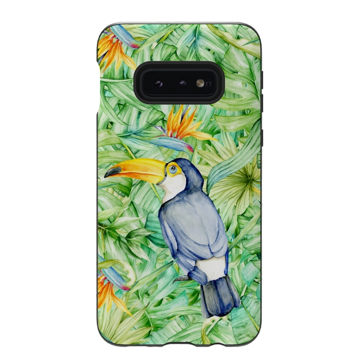 Galaxy S10e StrongFit Toucan Tropical Leaves Watercolor by Alemi