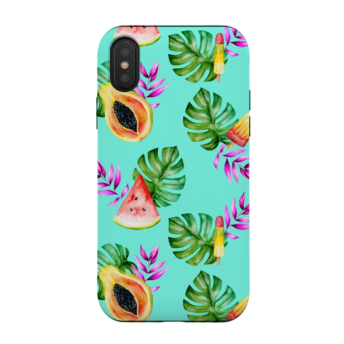 iPhone Xs / X StrongFit Tropical Fruits Ice Lollies Turquoise Background by Alemi