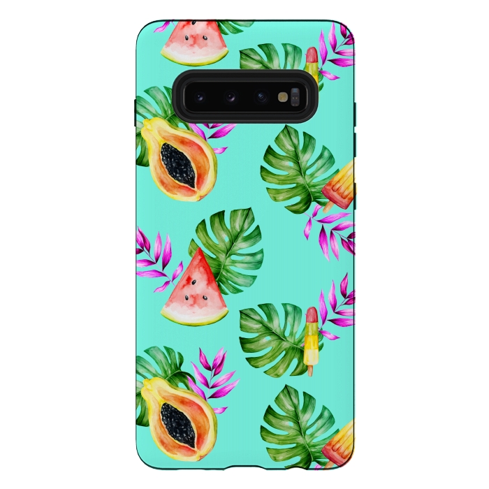 Galaxy S10 plus StrongFit Tropical Fruits Ice Lollies Turquoise Background by Alemi