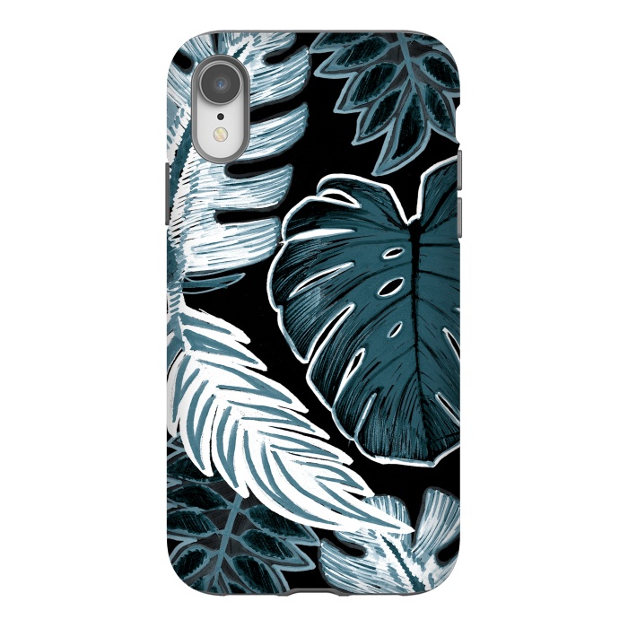iPhone Xr StrongFit Green white tropical leaves hand sketch by Oana 