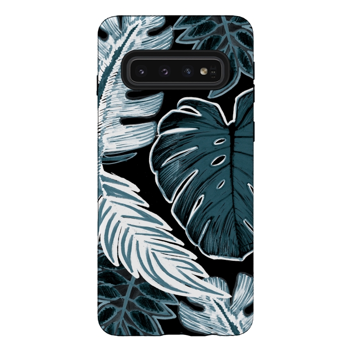Galaxy S10 StrongFit Green white tropical leaves hand sketch by Oana 
