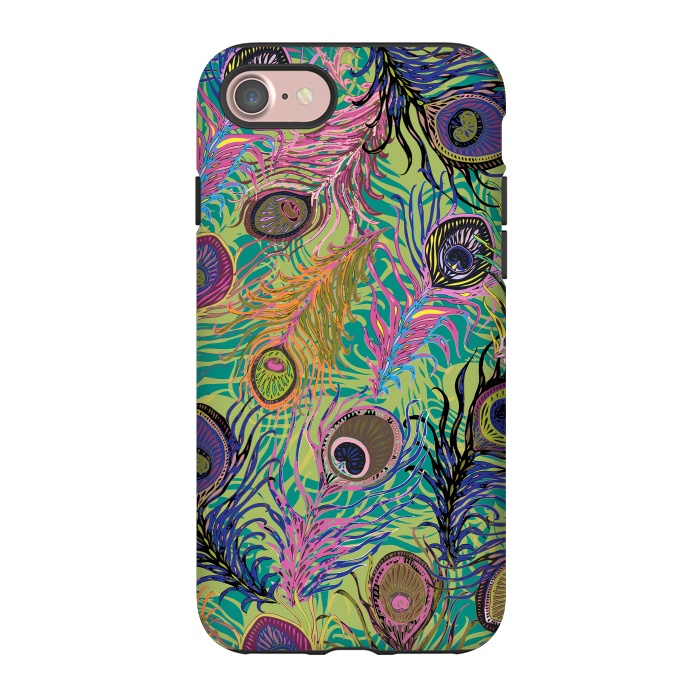 iPhone 7 StrongFit Peacock Feathers in Lime Green & Pink by Lotti Brown