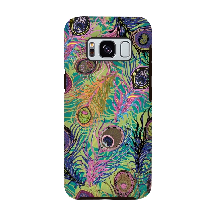Galaxy S8 StrongFit Peacock Feathers in Lime Green & Pink by Lotti Brown