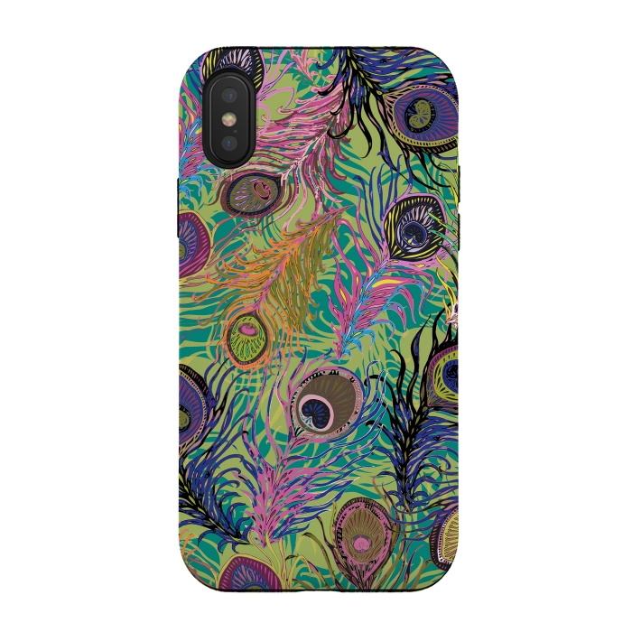 iPhone Xs / X StrongFit Peacock Feathers in Lime Green & Pink by Lotti Brown