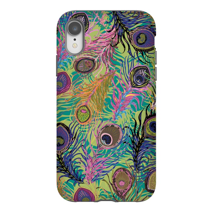 iPhone Xr StrongFit Peacock Feathers in Lime Green & Pink by Lotti Brown