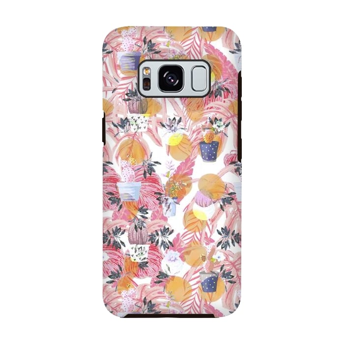 Galaxy S8 StrongFit Cactus pots and pink tropical leaves pattern by Oana 