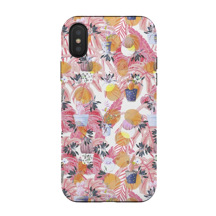iPhone Xs / X StrongFit Cactus pots and pink tropical leaves pattern by Oana 