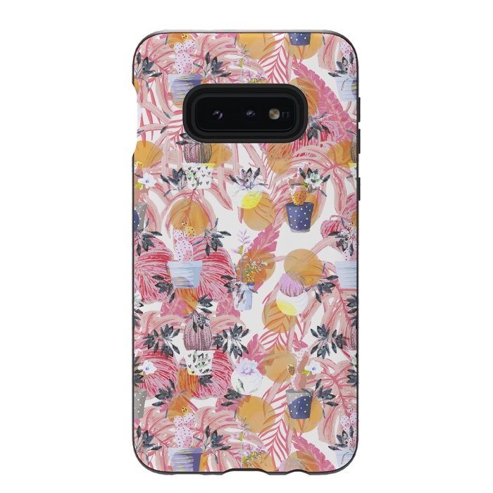 Galaxy S10e StrongFit Cactus pots and pink tropical leaves pattern by Oana 