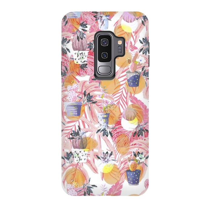 Galaxy S9 plus StrongFit Cute cacti pots and pink tropical foliage by Oana 