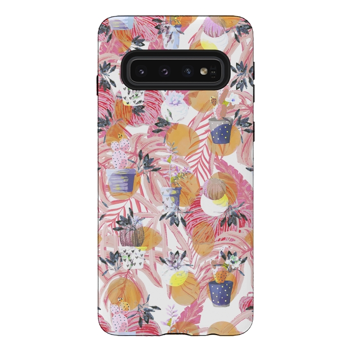 Galaxy S10 StrongFit Cute cacti pots and pink tropical foliage by Oana 