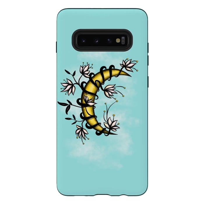 Galaxy S10 plus StrongFit Crescent Moon Wrapped In Flowers Tattoo Style by Boriana Giormova