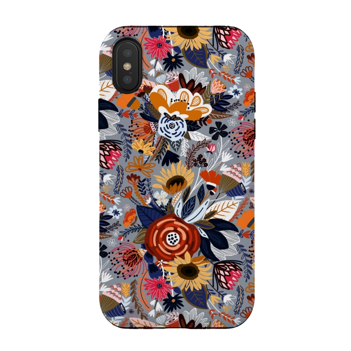 iPhone Xs / X StrongFit Popping Floral - Orange and Navy  by Tigatiga